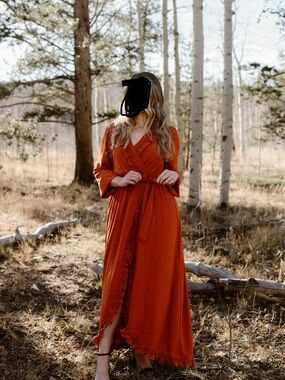 Rust Ruffle-Trim Wrap Maxi Dress - Women